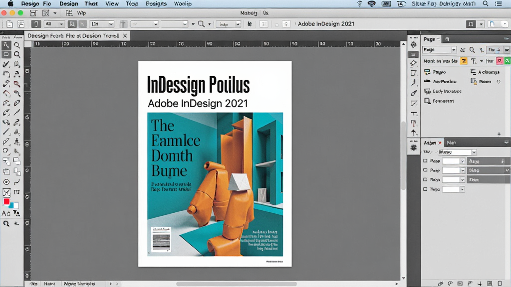 一幅展示Adobe InDesign 2021简体中文版工作界面的高清截图,画面中央是打开的杂志排版项目,左侧有工具箱,右侧有页面面板和属性面板,顶部菜单栏清晰可见,整体风格专业整洁,色彩明亮,细节丰富,画质干净,无多余元素。