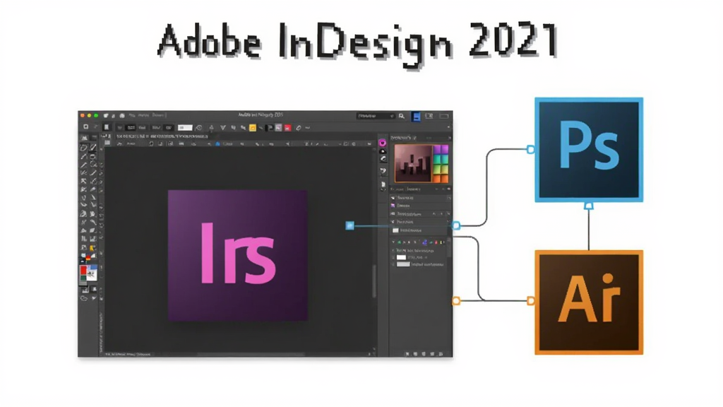 一幅展示Adobe InDesign 2021简体中文版与其他Adobe软件协作的示意图,画面中InDesign界面旁边有Photoshop和Illustrator图标,通过线条连接,体现生态整合,整体风格简洁现代,画质干净,无多余元素。