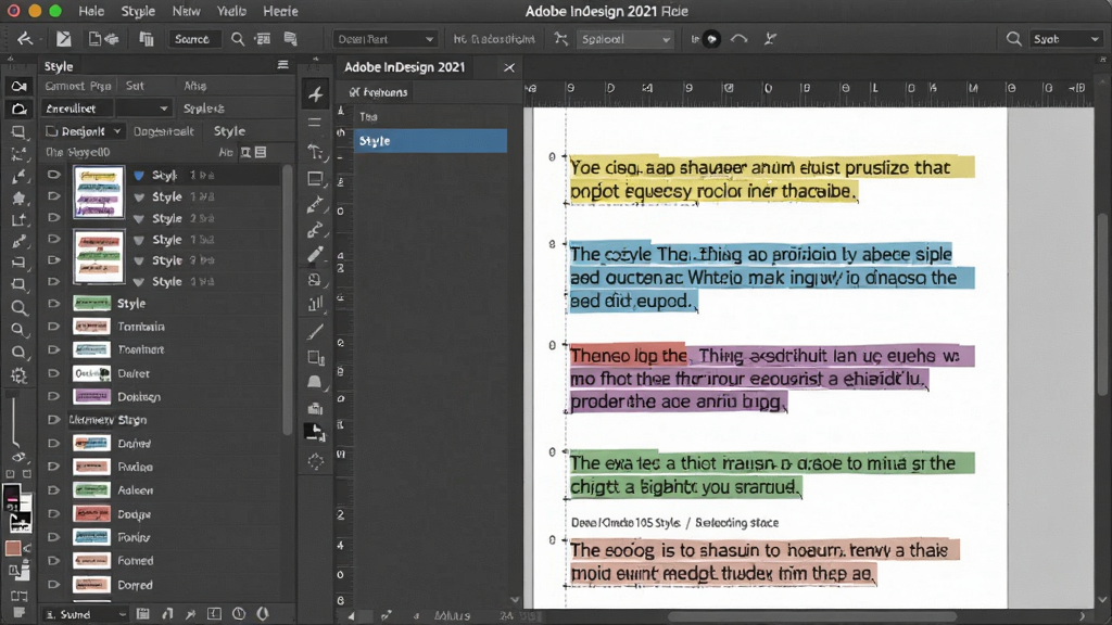 一张展示Adobe InDesign 2021简体中文版样式面板和段落样式的截图,画面中左侧是样式列表,右侧是排版页面,文字段落被不同颜色高亮显示,体现智能排版的便捷性,界面清晰,画质干净,无多余元素。