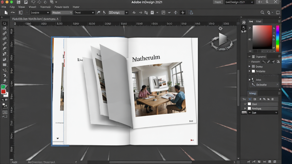 一幅展示Adobe InDesign 2021简体中文版流畅操作场景的截图,画面中软件界面打开一个大尺寸画册,页面缩略图清晰,操作响应迅速,背景有速度线条,体现高性能,画质干净,无多余元素。