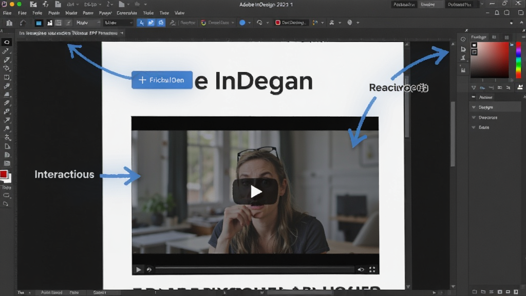 一张展示Adobe InDesign 2021简体中文版交互式PDF预览的截图,画面中电子书页面上有可点击的按钮和视频窗口,周围有说明箭头,体现交互功能,整体风格现代,画质干净,无多余元素。