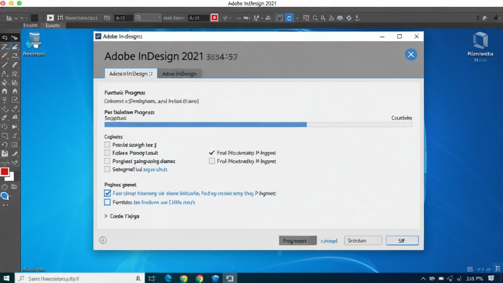 一幅展示Adobe InDesign 2021简体中文版安装过程的截图,画面中安装向导界面清晰,有进度条和选项,背景是桌面环境,整体干净整洁,画质清晰,无多余元素。