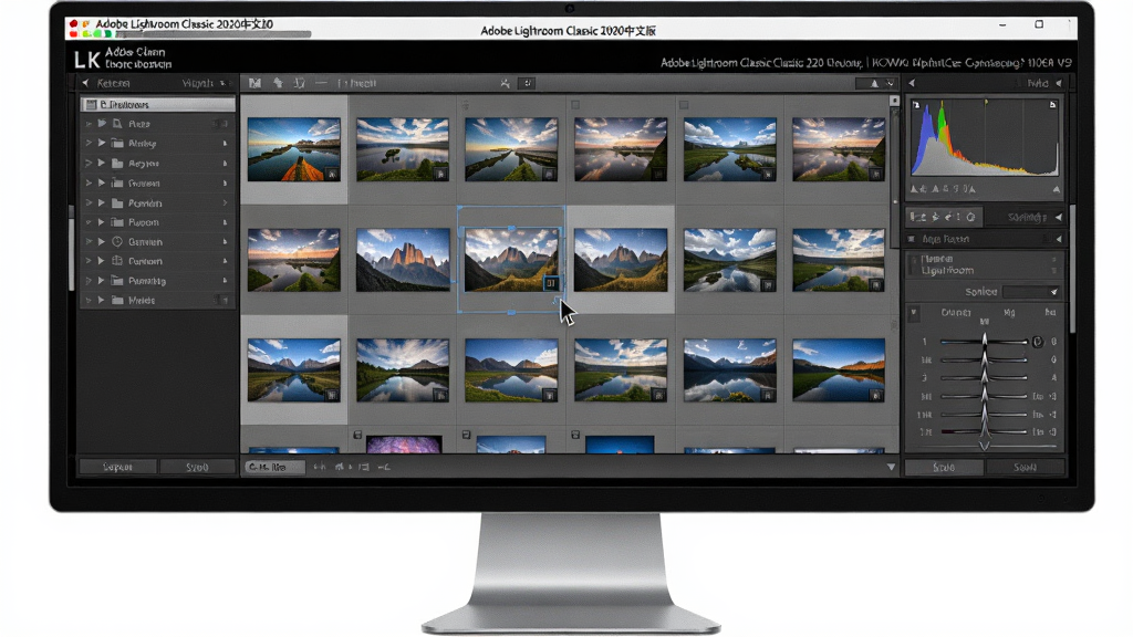 主体:一台高端台式电脑显示器上运行着Adobe Lightroom Classic 2020中文版软件界面,界面显示多张风景照片的图库网格。布局:显示器居中,屏幕内容清晰可见,左侧有导航面板,右侧有直方图与调整面板。排版:屏幕界面比例协调,菜单栏、工具栏、面板布局规整。风格:现代数字科技感,高清晰度。细节:界面中显示“Adobe Lightroom Classic 2020中文版”字样,照片缩略图色彩鲜艳,光标选中一张山脉照片。画质:8K超清,细节丰富,画面干净无杂物。