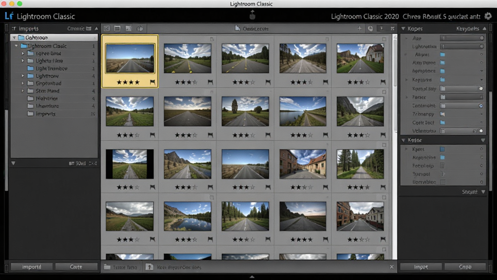 主体:Adobe Lightroom Classic 2020中文版软件界面中的图库模块,左侧显示文件夹列表,中间是照片网格,右侧为关键字与元数据面板。布局:屏幕截图风格,界面完整展示。排版:网格缩略图排列整齐,每张照片下方显示星级与旗标图标。风格:专业软件界面,简洁明亮。细节:界面左上角有“Lightroom Classic”标志,部分照片被黄色边框选中,底部显示导入按钮。画质:高分辨率,界面文字清晰可辨,画面干净整洁。