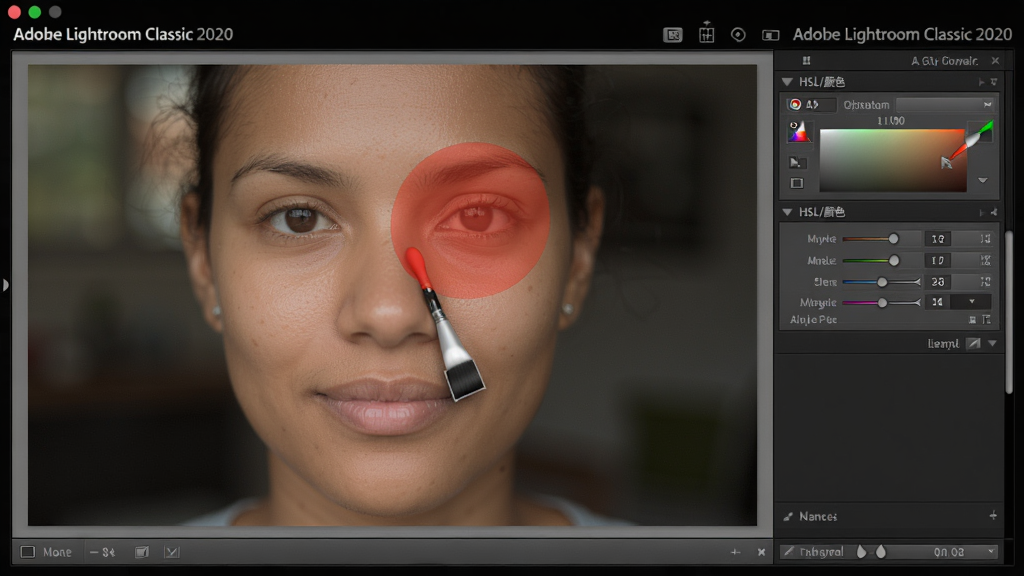 主体:Adobe Lightroom Classic 2020中文版软件界面中正在对一张人像照片进行局部调色,使用调整画笔工具在人物面部涂抹红色蒙版。布局:界面中央显示人像照片,右侧是调整面板,下方有画笔大小滑块。排版:照片占比大,调整面板参数清晰。风格:专业摄影后期场景。细节:照片中人物肤色自然,背景虚化,界面显示“HSL/颜色”面板,画笔游标可见。画质:细腻皮肤纹理,色彩过渡自然,高清晰度,画面干净。