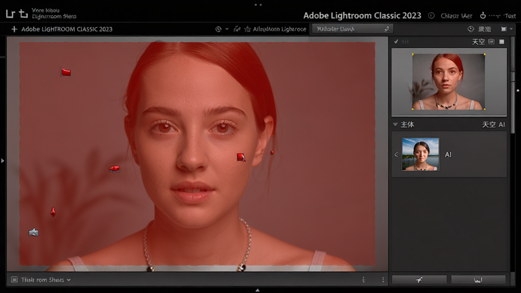Adobe Lightroom Classic 2023中文版软件界面特写,画面主体是一张人像照片,照片中人物的皮肤和背景被红色蒙版覆盖,右侧工具栏显示“主体”和“天空”的AI识别选项,界面布局清晰,风格专业,画质高清,干净无多余元素。