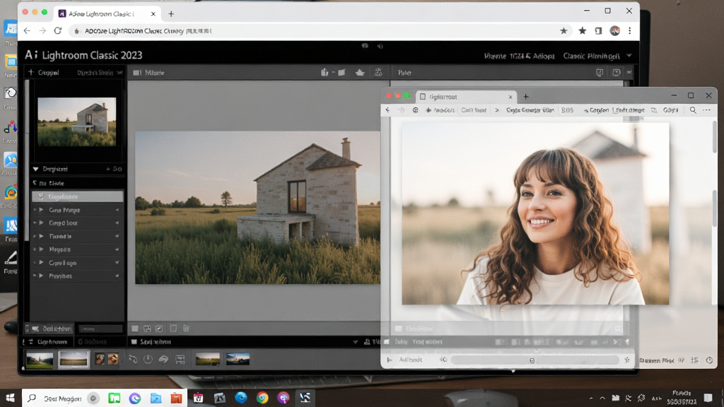 一张电脑桌面上同时打开Adobe Lightroom Classic 2023中文版软件和浏览器窗口,软件界面显示着照片对比编辑模式,左侧是原始照片,右侧是调整后的效果,整体色调偏暖,画面清晰,构图干净,突出软件的高效工作流程。