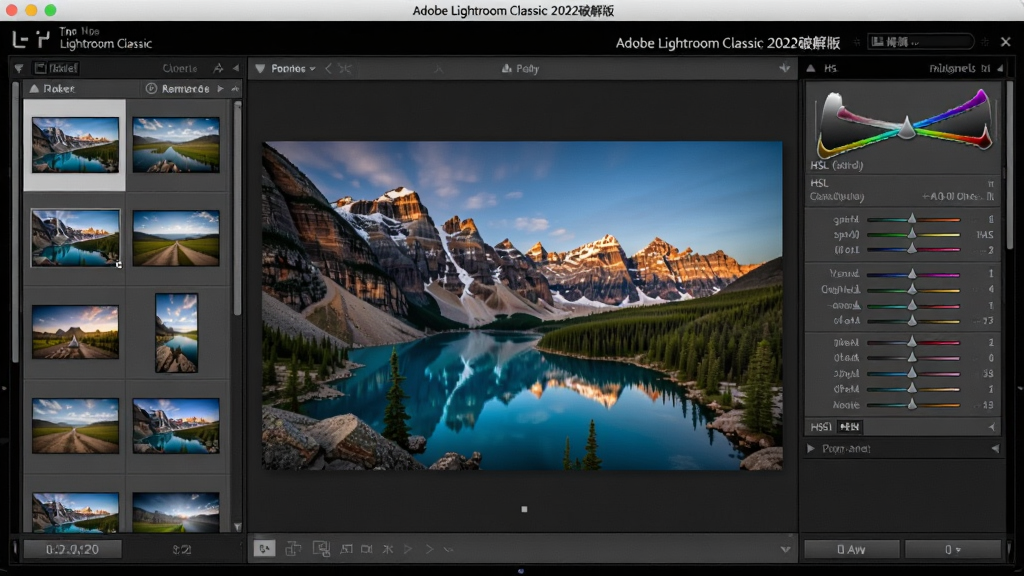一幅展示Adobe Lightroom Classic 2022破解版软件主界面的高清截图,界面左侧为图库面板,中间显示一张风光照片的编辑视图,右侧为HSL调整滑块,整体布局专业紧凑,色彩鲜艳,画质清晰,干净无多余元素,软件名称为