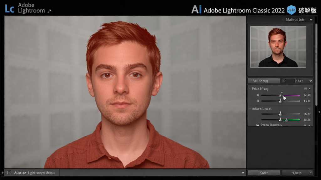 一张展示Adobe Lightroom Classic 2022破解版AI蒙版功能的预览图,画面中一张人像照片上,人物主体被红色蒙版高亮覆盖,背景保持原色,界面右侧显示蒙版调整面板,布局直观,风格专业,画质细腻,干净无多余元素,软件名称