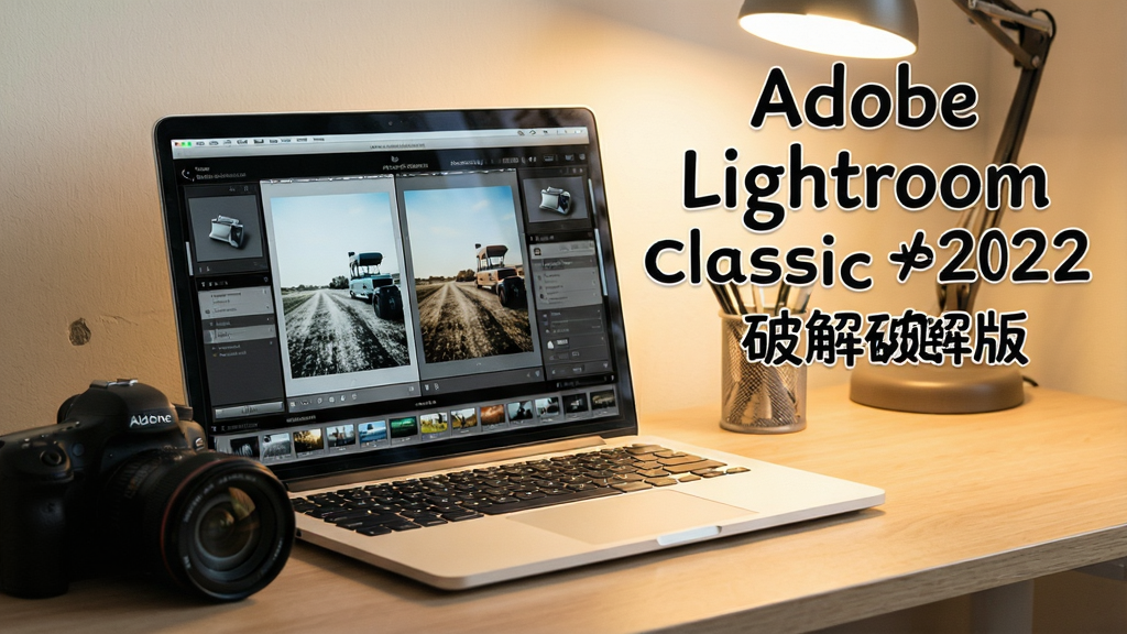 一张展示Adobe Lightroom Classic 2022破解版使用教程的配图,画面中一台笔记本电脑上运行着软件,旁边放着相机,屏幕显示调整前后的对比效果,布局温馨,风格写实,画质清晰,干净无多余元素,文字标注