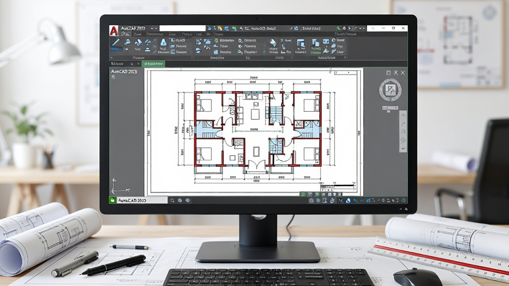 主体:一款安装有CAD2023(Autodesk AutoCAD 2023破解版)软件的电脑屏幕,屏幕上显示着复杂的建筑平面图。布局:电脑位于桌面中央,周围有图纸、绘图笔和尺子。排版:画面聚焦于屏幕上的设计界面,清晰展示菜单栏和工具栏。风格:写实风格,光线明亮。细节:屏幕上的图纸线条清晰,色彩分明,软件界面带有“AutoCAD 2023”标识。画质:超高清,干净,无多余元素。