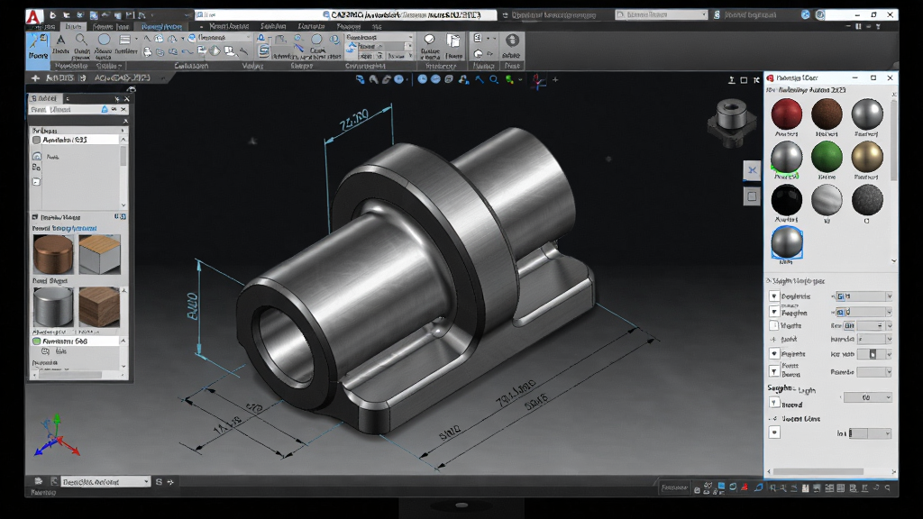 主体:一台运行CAD2023(Autodesk AutoCAD 2023破解版)的电脑,屏幕上展示着三维机械零件模型。布局:模型以轴测图模式展示,周围有尺寸标注和材质面板。排版:模型占据画面中央,右侧有材质球和光源设置窗口。风格:暗色背景衬托模型光泽,科技感强。细节:模型表面有细腻的金属拉丝纹理,阴影自然。画质:4K超清,干净,无多余元素。