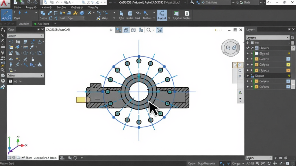 主体:CAD2023(Autodesk AutoCAD 2023破解版)的二维绘图界面特写。布局:屏幕占据画面中央,左侧显示绘图工具栏,右侧为图层属性面板。排版:突出显示正在绘制的机械零件剖视图。风格:扁平化界面风格,色彩清新。细节:光标悬停在一个圆形阵列上,周围出现蓝色智能辅助线。画质:高分辨率,干净整洁,无多余元素。