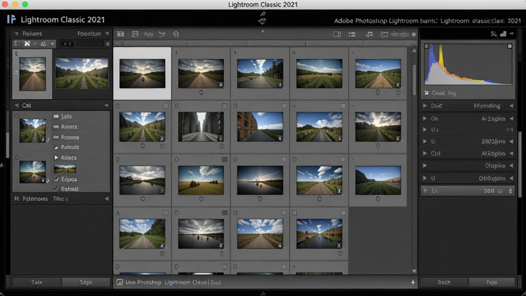 一张展示Adobe Photoshop Lightroom Classic 2021中文版主界面截图,左侧为图库面板,中间显示照片缩略图网格,右侧为直方图与调整面板,整体界面深灰色调,布局清晰,风格专业,画质干净,无多余元素