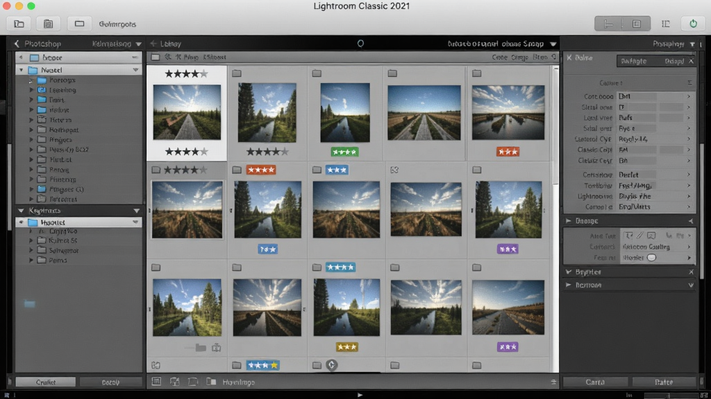 一张展示Adobe Photoshop Lightroom Classic 2021中文版图库管理界面,左侧为文件夹和关键字面板,中间照片网格上带有五星级和彩色标签标记,右侧为元数据面板,整体界面浅灰色,布局清晰,风格专业,画质干净,无多余元素