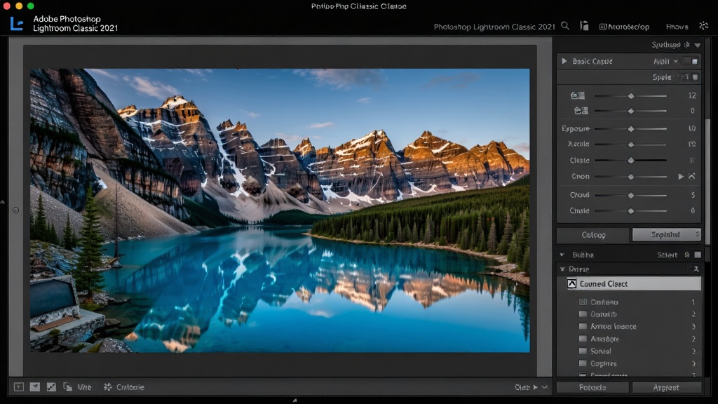 一张展示Adobe Photoshop Lightroom Classic 2021中文版编辑界面,中央显示一张风景照片,右侧为基本调整面板,包含色温、曝光、对比度等滑块,下方有预设面板,整体界面深色主题,风格专业,画质干净,无多余元素