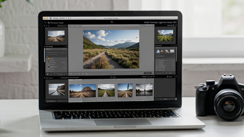 一张展示Adobe Photoshop Lightroom Classic 2021中文版在笔记本电脑上运行的场景,屏幕显示照片编辑界面,旁边放置一台相机,桌面整洁,自然光环境,风格专业,画质干净,无多余元素