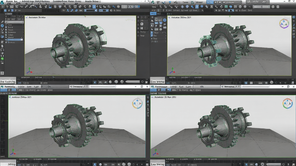 Autodesk 3ds Max 2021破解中文版多边形建模操作界面,显示复杂机械模型的结构线框,布局为四视图模式,风格专业,细节精细,画质清晰干净