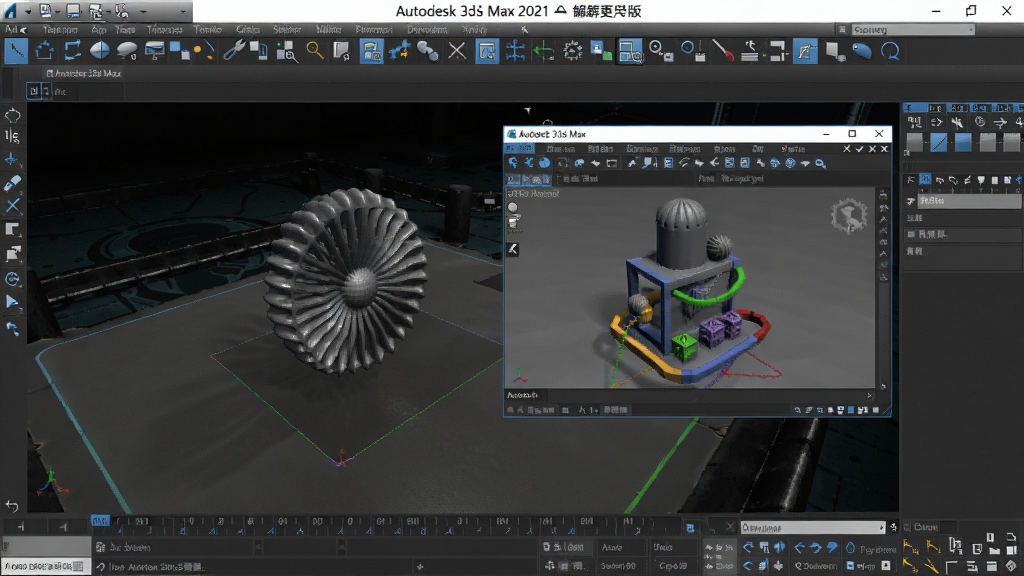 Autodesk 3ds Max 2021破解中文版软件启动界面,背景为深色科技感工作台,中央展示三维立体模型与渲染窗口,布局清晰,风格现代,细节丰富,画质高清干净,无多余元素