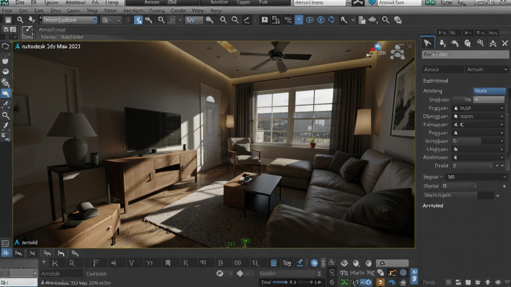 Autodesk 3ds Max 2021破解中文版Arnold渲染器工作窗口,展示一个室内场景的光影效果,材质质感逼真,布局为视图与渲染参数面板,风格写实,画质高清干净