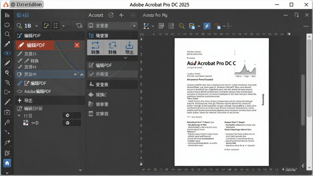 主体为Adobe Acrobat Pro DC 2025中文破解版软件界面截图,布局为软件主窗口居中显示,左侧工具栏清晰可见,右侧文档预览区展示一份编辑中的PDF文件,排版整洁,风格为现代商务简约风,细节上突出“编辑PDF”、“转换”、“导出”等核心功能按钮,画质高清,干净背景,无多余元素,图片上的文字标签为“Adobe Acrobat Pro DC 2025”