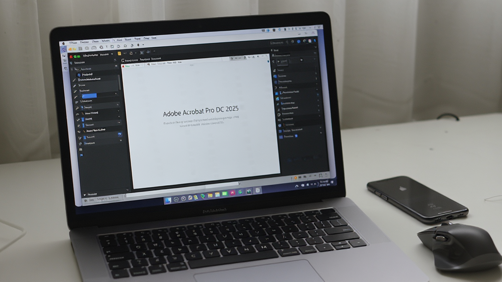 主体为Adobe Acrobat Pro DC 2025中文破解版在电脑上运行的实拍照片,布局为笔记本电脑屏幕显示软件主界面,旁边放有鼠标和手机,排版自然,风格为生活化场景,细节上突出软件界面清晰,画质高,干净无杂乱元素,图片上无文字