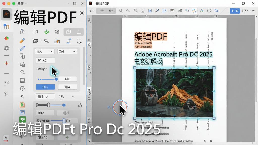主体为Adobe Acrobat Pro DC 2025中文破解版的“编辑PDF”功能演示,布局为左右分栏,左侧是编辑工具面板,右侧是正在被编辑的文档页面,文字和图片被高亮选中,排版清晰,风格为科技感UI界面,细节上显示光标拖动和格式调整选项,画质细腻,干净无多余元素,图片上文字为“编辑PDF”和“Adobe Acrobat Pro DC 2025”