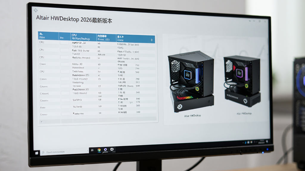 特写镜头,电脑屏幕显示“Altair HWDesktop 2026最新版本”的硬件检测结果页面,表格中罗列了CPU型号、内存频率、显卡核心等详细信息,旁边有硬件实拍图对比,画面明亮清晰,采用简洁的扁平化设计风格,焦点突出,背景虚化,干净无多余元素,4K画质