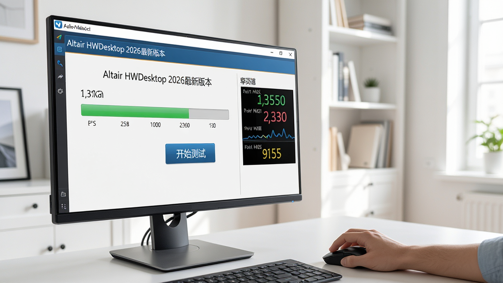 电脑屏幕前,一只手正在用鼠标点击“Altair HWDesktop 2026最新版本”软件界面上的“开始测试”按钮,屏幕上显示性能测试进度条和实时跳动的分数,环境为简洁明亮的书房,画面生动写实,构图稳定,干净无多余元素