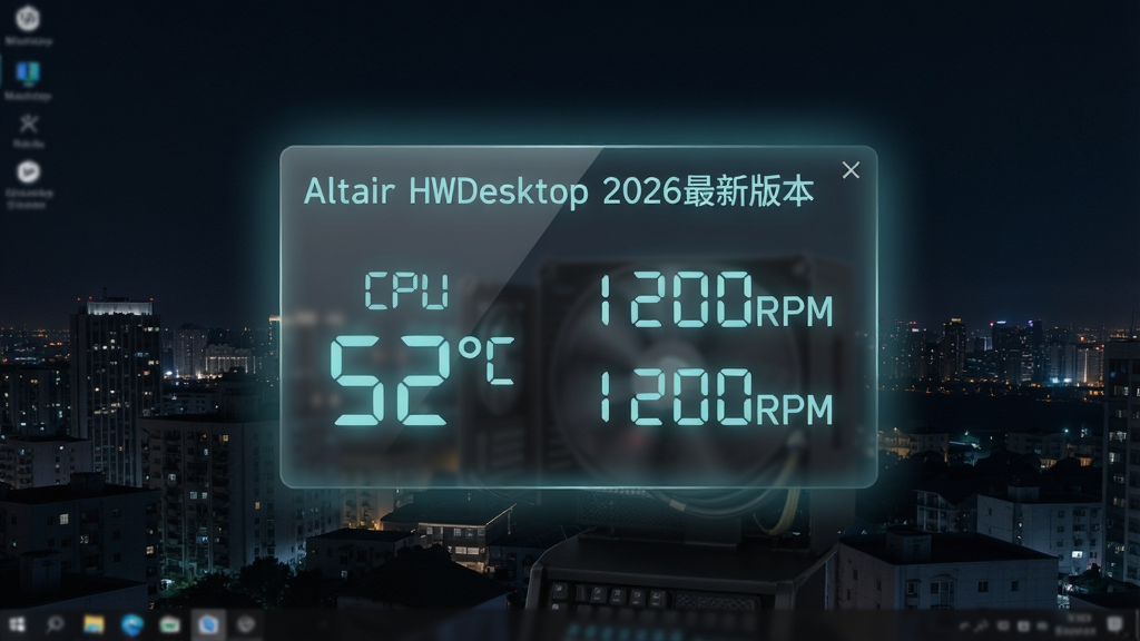 都市夜景风格壁纸的电脑桌面上,悬浮着“Altair HWDesktop 2026最新版本”的透明玻璃质感监控小部件,显示CPU温度52℃,风扇转速1200RPM,字体为柔和的蓝绿色数码管风格,背景光晕柔和,暗示深夜安静运行环境,构图干净,细节丰富,无多余元素