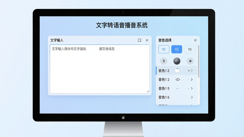 画面主体为电脑屏幕中显示“文字转语音播音系统”的操作界面,界面风格现代简约,左侧为文字输入框,右侧为音色选择列表,背景干净,采用浅蓝色渐变色调,整体布局清晰,画质高清,干净,无多余元素