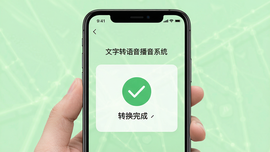 画面主体为“文字转语音播音系统”在手机端运行的截图,屏幕显示转换完成对勾图标,背景为浅绿色,干净明亮,布局简单,画质高清,无多余元素
