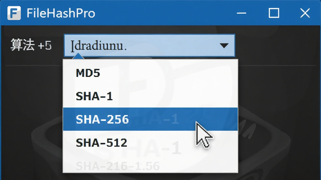 图片展示FileHashPro的算法选择下拉菜单,展开后列出MD5、SHA-1、SHA-256、SHA-512等选项,鼠标悬停在SHA-256上。界面简洁,蓝色主题,文字清晰,排版整齐,风格专业,细节丰富,高清画质,干净无多余元素。