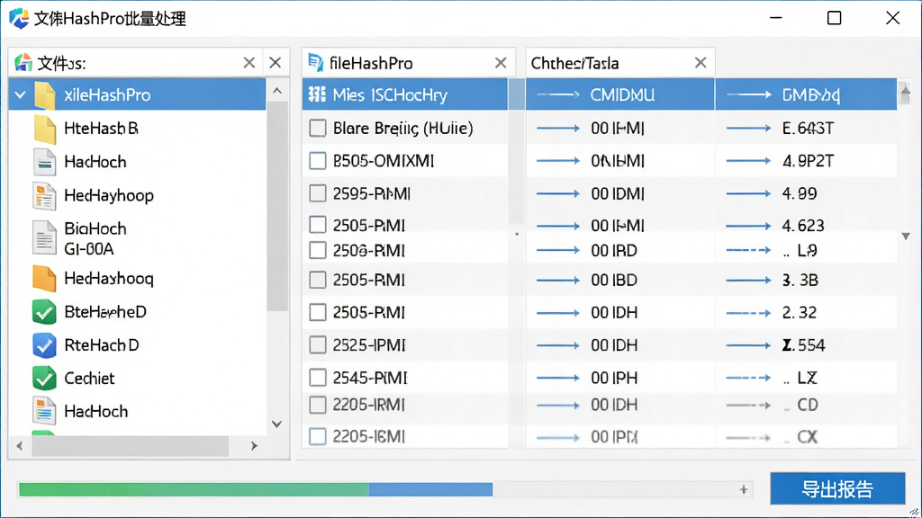 FileHashPro批量处理界面,左侧文件列表中有多个文件,右侧显示各自的哈希值,底部有进度条和“导出报告”按钮。界面明亮,布局清晰,排版规整,风格商务,细节丰富,高清画质,干净无多余元素。
