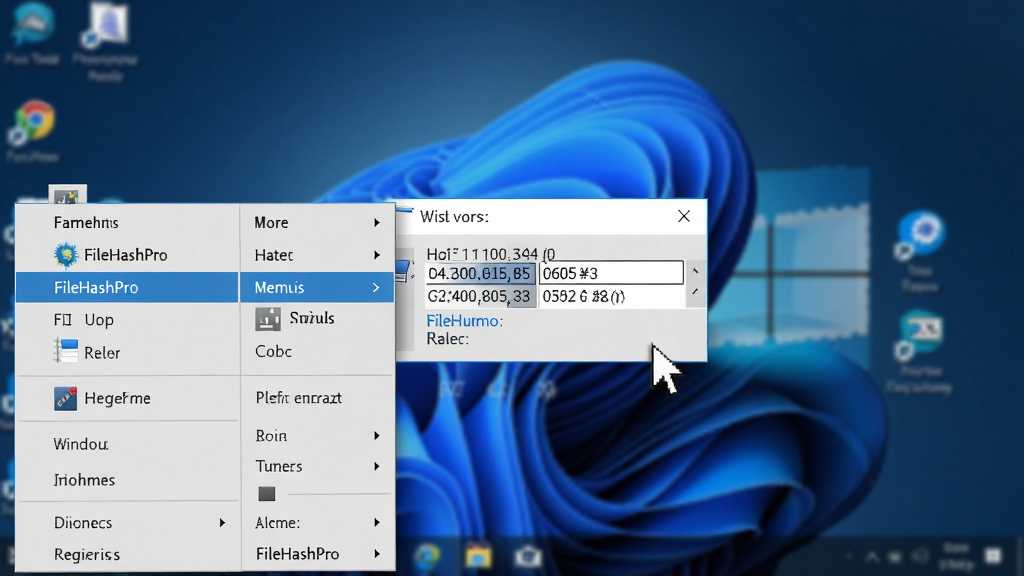Windows桌面右键菜单中突出显示“FileHashPro”选项,鼠标点击后弹出一个小窗口显示哈希值。背景为模糊的桌面壁纸,菜单清晰,排版整齐,风格实用,细节丰富,高清画质,干净无多余元素。