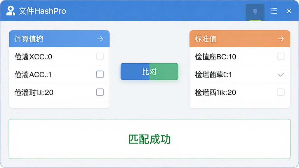 FileHashPro的哈希对比界面,左侧显示计算值,右侧显示标准值,中间有“比对”按钮,结果区域显示“匹配成功”绿色字样。界面简洁,配色清新,排版清晰,风格现代,细节丰富,高清画质,干净无多余元素。