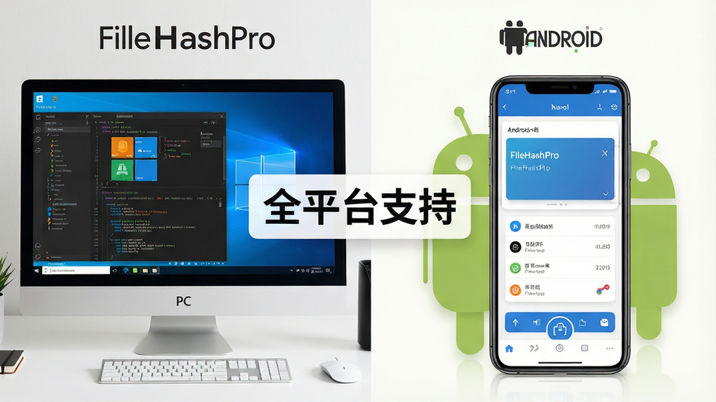 一张展示FileHashPro在Windows和Android设备上运行的对比图,左边是PC界面,右边是手机界面,中间有“全平台支持”字样。布局左右对称,排版清晰,风格现代,细节丰富,高清画质,干净无多余元素。