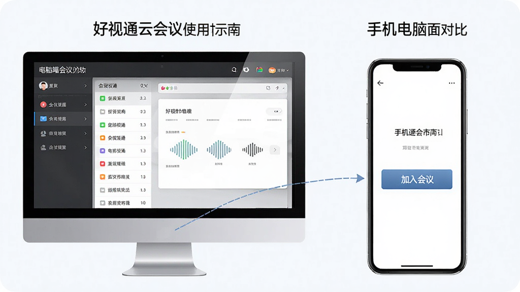 好视通云会议使用指南示意图,展示手机与电脑端操作界面对比,左侧为电脑端会议列表,右侧为手机端加入会议按钮,背景简洁,文字标注清晰,画质干净无多余元素