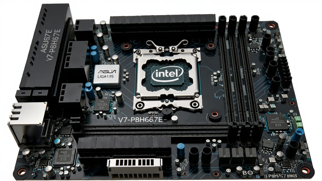 华硕V7-P8H67E准系统主板BIOS的主板全貌,中央是Intel LGA1155处理器插槽,四周分布着内存插槽、SATA接口和供电模块,整体布局工整,科技感强,画质干净,无多余元素