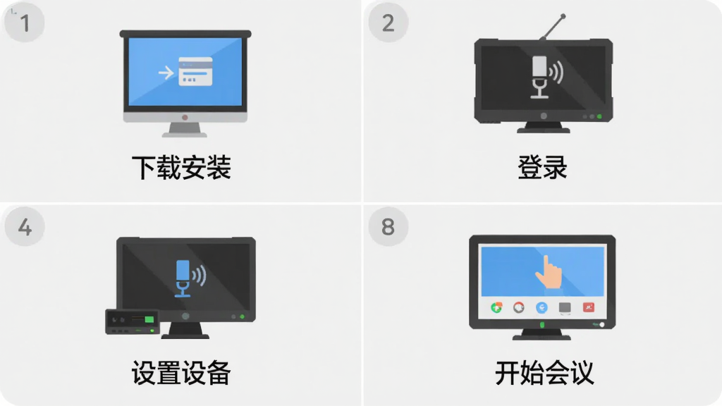 视高全高清视频会议系统使用教程图示:画面分为四个步骤,依次展示下载安装、登录、设置设备、开始会议,每步配以简洁图标与文字说明,背景为浅灰色,风格扁平化,画质干净,无多余元素