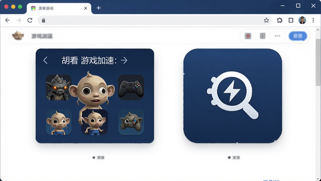 胡巴游戏浏览器主界面预览图,展示游戏加速面板、资源嗅探图标和清爽的浏览器布局,界面以深蓝色为主色调,配以游戏元素图标,整体风格现代简洁,画质高清,干净无多余元素