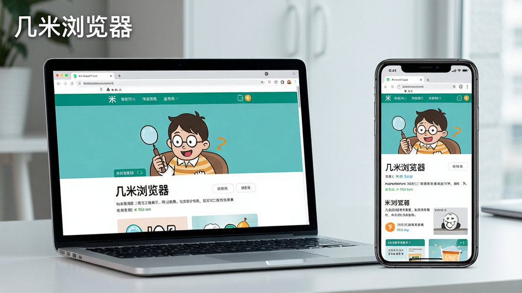 一张展示手机与电脑端同步使用场景的图片,主体是几米浏览器在笔记本电脑和手机屏幕上同时运行的界面,布局为左右摆放,电脑在左手机在右,排版错落有致,风格现代科技感,细节上体现出屏幕中网页内容清晰可读,画质细腻干净,无多余元素,图片上带有文字