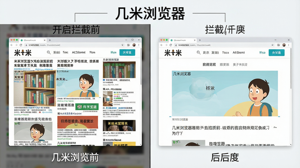一张对比风格的功能示意图,主体是几米浏览器开启广告拦截前后的网页画面切换,布局采用左右分屏对比,左边显示广告满屏的杂乱网页,右边显示拦截后干净整洁的同一网页,排版直观,风格写实,细节上突出广告位被移除后的清爽感,画质清晰干净,无多余元素,图片上标注文字
