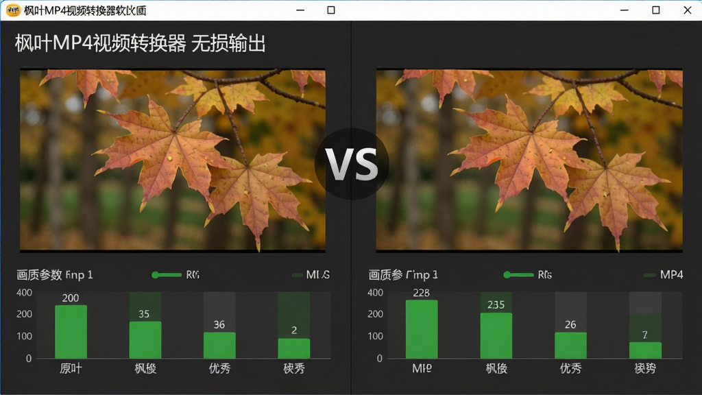 主体:枫叶MP4视频转换器软件画质对比界面,左右分屏展示原片与转换后MP4的同一帧画面,肉眼几乎看不出差别。布局:两个视频画面并排,中间有“VS”标识,下方有画质参数对比条。排版:对比直观,参数条以柱状图呈现,绿色表示优秀。风格:专业评测风格,背景深灰,突出画面内容。细节:左上角标注“枫叶MP4视频转换器 无损输出”,画质:高清,干净,无多余元素。