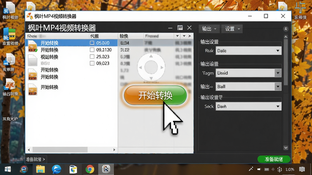 主体:枫叶MP4视频转换器软件操作截图,鼠标光标正点击“开始转换”按钮,画面中显示文件列表和输出设置。布局:截图以软件窗口为主体,操作按钮高亮,背景为桌面壁纸。排版:界面文字清晰,按钮上有“开始转换”字样,状态栏显示“准备就绪”。风格:真实截图风格,细节丰富,色彩自然。细节:软件标题栏显示“枫叶MP4视频转换器”,画质:高清,干净,无多余元素。
