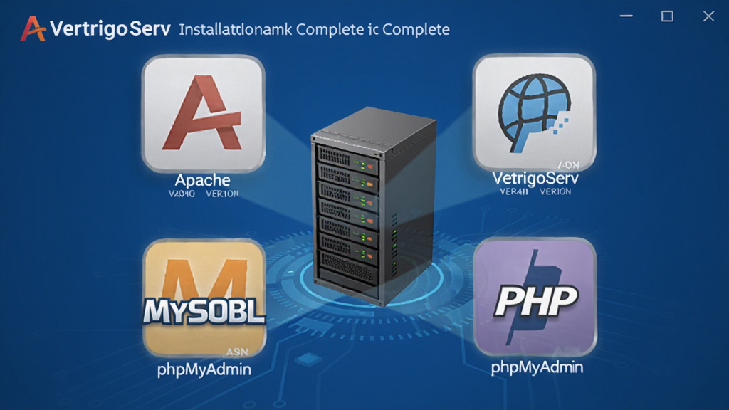 主体为VertrigoServ安装完成的界面,显示Apache、PHP、MySQL、phpMyAdmin四个图标围绕一个服务器机箱,布局为环绕式,风格为蓝色科技感3D渲染,细节包含版本号文字,画质清晰干净,无多余元素