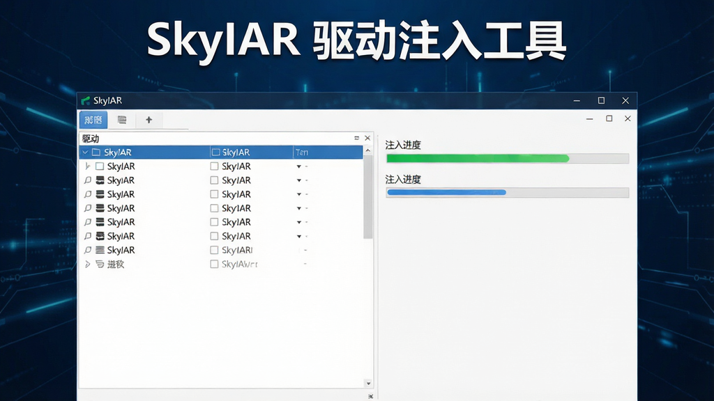 一张展示SkyIAR软件主界面的电脑截图,界面清晰显示驱动列表与注入进度条,整体风格简洁专业,背景为深蓝色科技感氛围,文字标注“SkyIAR 驱动注入工具”,画面干净无多余元素,高清画质