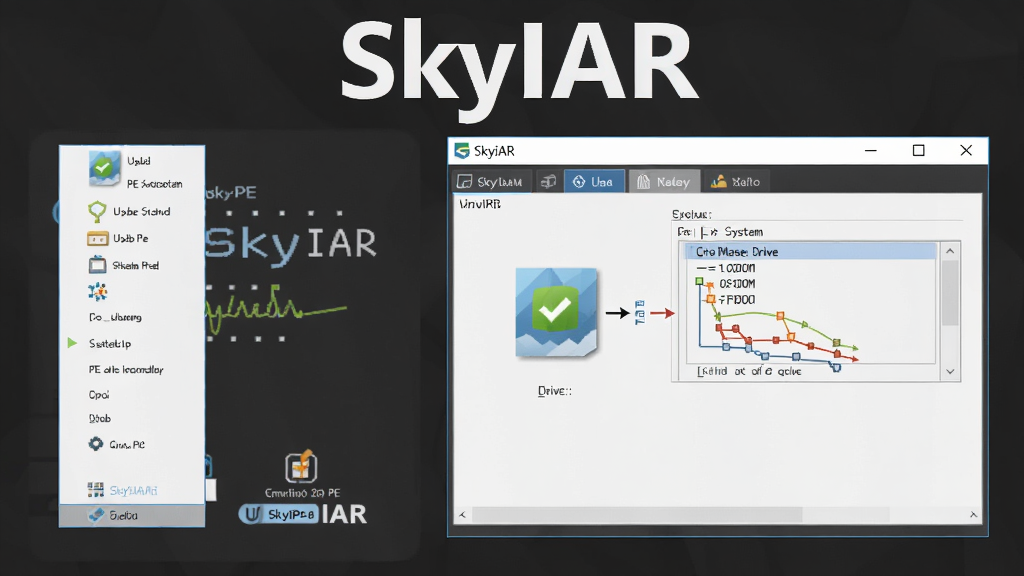 展示SkyIAR在PE环境下运行的截图,左侧显示U盘PE启动菜单,右侧是SkyIAR主窗口,正在向系统镜像注入驱动,背景为深灰色,突出“SkyIAR”软件名称,画质清晰,无多余元素