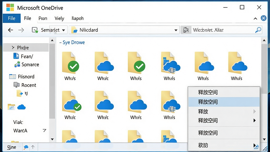 һ��չʾMicrosoft OneDriveͬ�����ܵĽ����ͼ���Ĳ�ͼ��������Windows�ļ���Դ���������ڣ������ļ�ͼ�������ɫ�Թ�����ɫ�ƶ�״̬ͼ�꣬�����������Ű����룬���дʵ��ϸ��չʾ�ļ��Ҽ��˵��еġ��ͷſռ䡱ѡ����ʸɾ����޶���Ԫ��