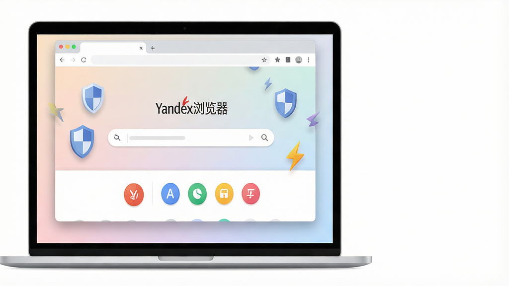 主体:一台笔记本电脑屏幕显示Yandex浏览器主界面,界面背景为浅色渐变,地址栏居中,下方有多个彩色圆形快捷站点图标;布局:电脑居中偏左,右侧留有空白,界面比例协调;排版:浏览器窗口占画面主体约70%,窗口边缘有柔和阴影;风格:现代扁平化设计,色彩明快,干净整洁;细节:屏幕中显示“Yandex浏览器”字样,周围有飘浮的盾牌图标和闪电图标,象征安全与高速;画质:高清渲染,细节丰富,画面干净无多余元素。